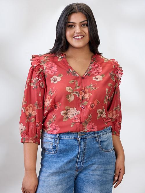 globus gloplus women red v-neck puff sleeves floral print ruffle detail plus size shirt - 21954900 -  Standard Image - 0