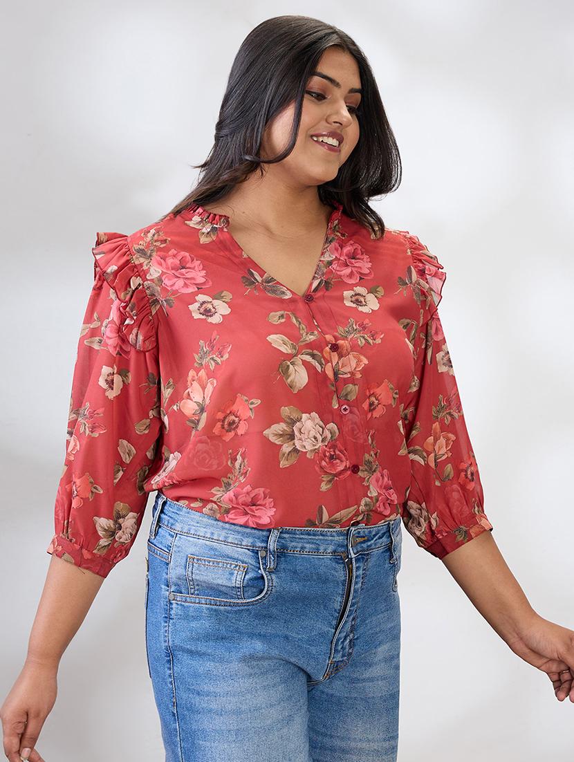 globus gloplus women red v-neck puff sleeves floral print ruffle detail plus size shirt - 21954900 -  Standard Image - 1