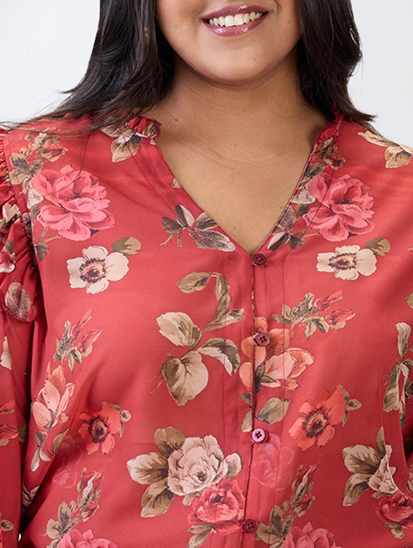 globus gloplus women red v-neck puff sleeves floral print ruffle detail plus size shirt - 21954900 - Standard Image - 4