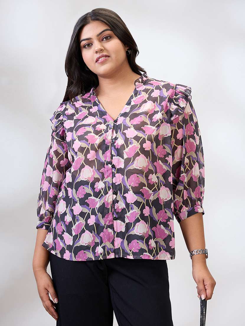 globus gloplus women black v-neck puff sleeves floral print ruffle detail plus size shirt