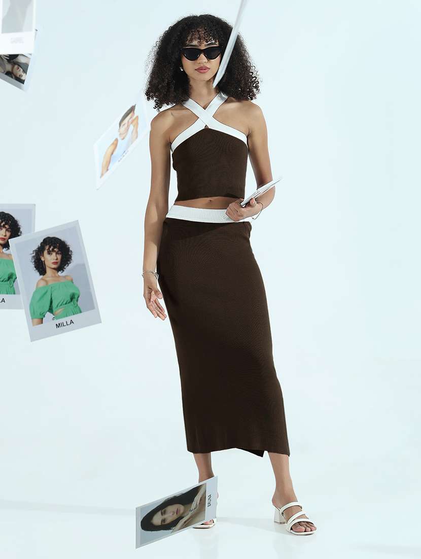 wome brown solid top and skirt co-ord set - 21955771 -  Standard Image - 1