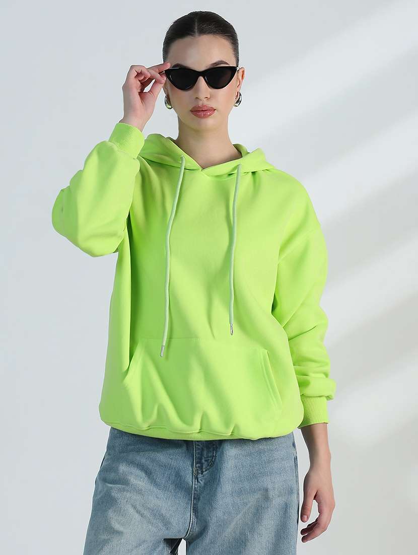women solid long sleeve loose fit hooded sweatshirt
