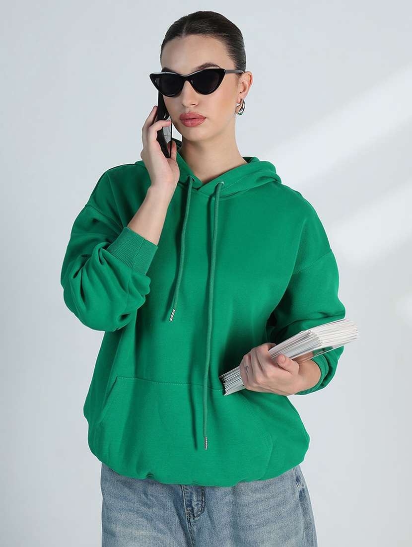 women solid long sleeve loose fit hooded sweatshirt