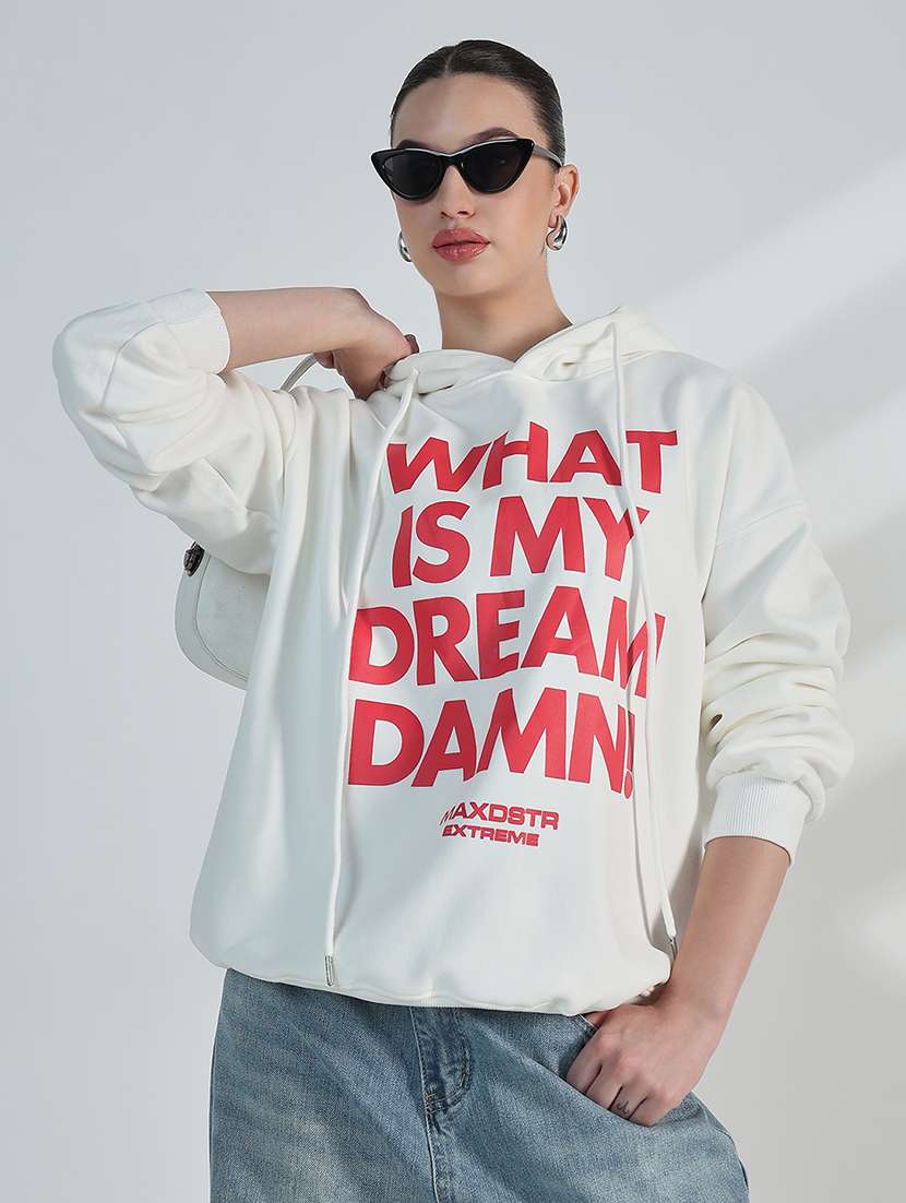 women typographic print loose fit hooded sweatshirt