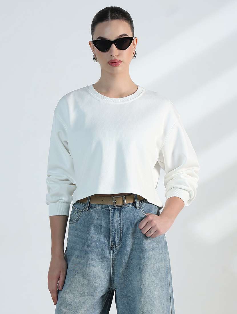 women solid long sleeve crop sweatshirt - 21955798 -  Standard Image - 1