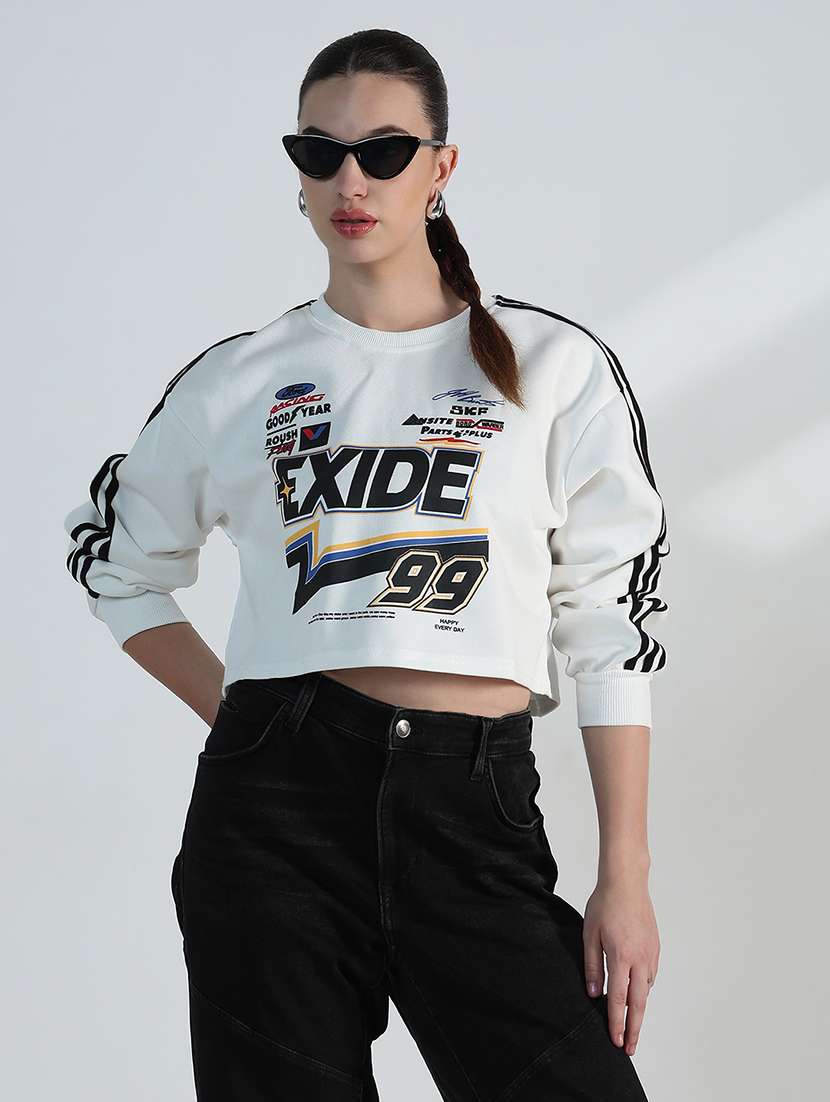 women typographic print long sleeve crop sweatshirt - 21955799 -  Standard Image - 1