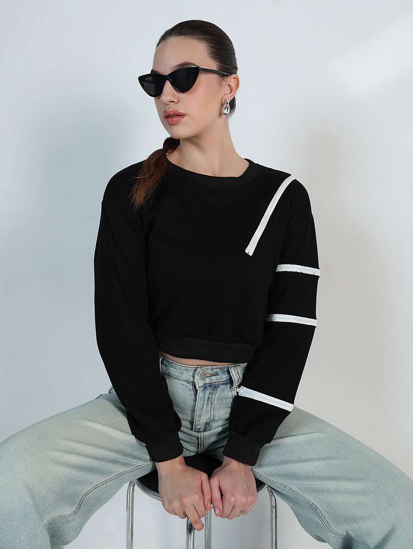 women solid long sleeve cropped sweatshirt