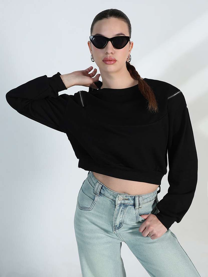 women solid long sleeve cropped sweatshirt