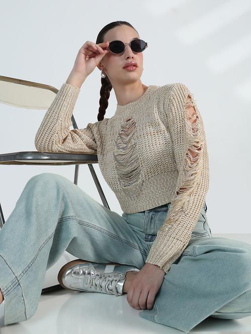 women distressed long sleeve crop pullover - 21955826 -  Standard Image - 0