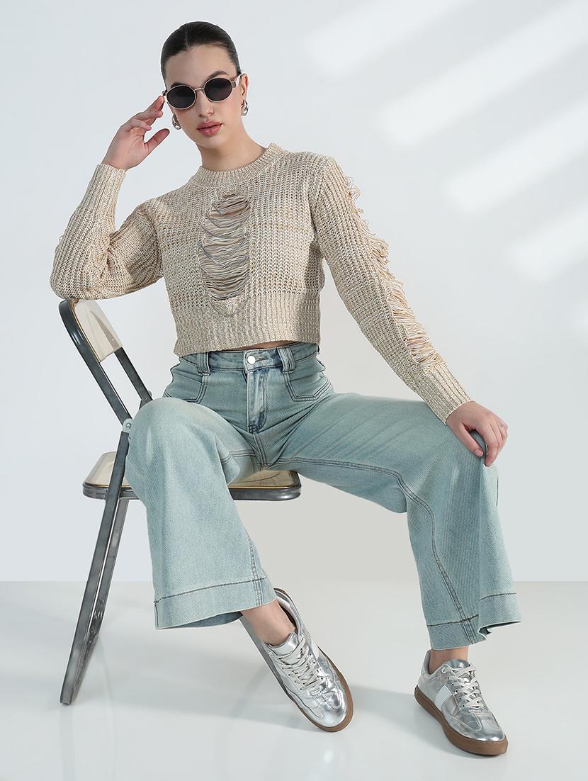 women distressed long sleeve crop pullover - 21955826 -  Standard Image - 1