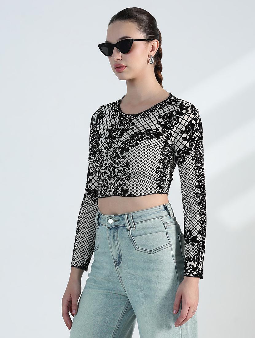 women printed long sleeve crop top - 21955837 - Standard Image - 1