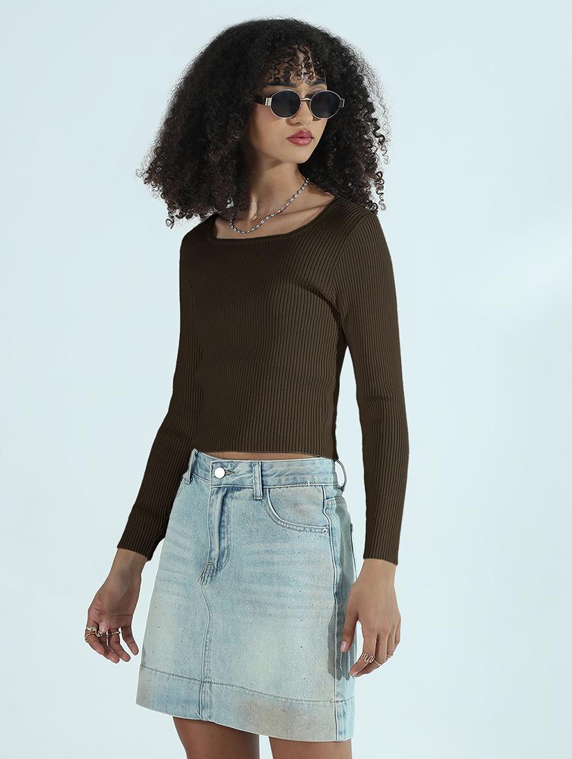 women solid long sleeve crop top - 21955841 - Standard Image - 1