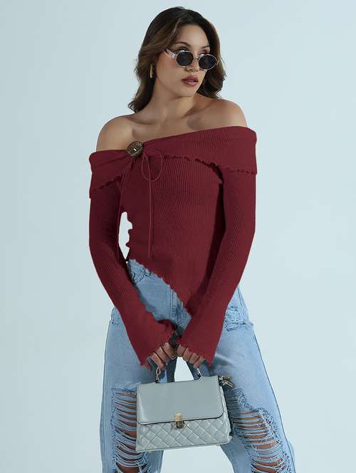 women solid off shoulder asymmetric top - 21955844 -  Standard Image - 0