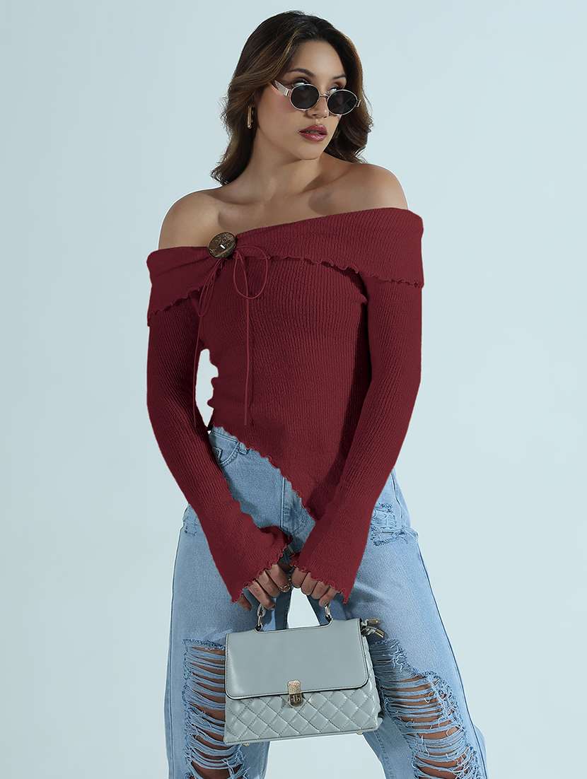women solid off shoulder asymmetric top
