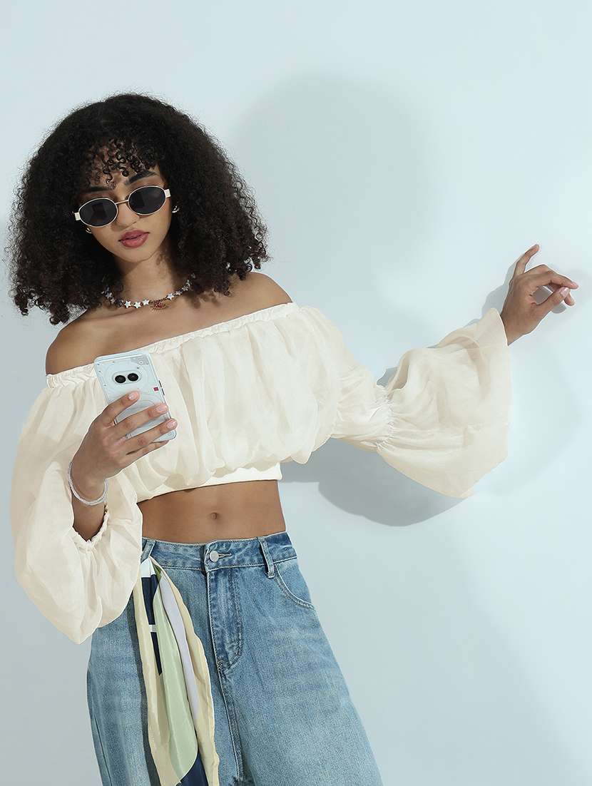 women solid off shoulder long sleeve crop top