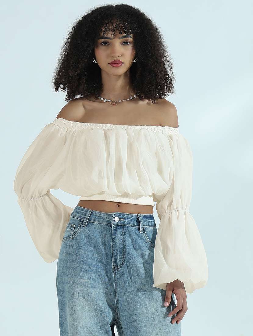 women solid off shoulder long sleeve crop top - 21955846 -  Standard Image - 1