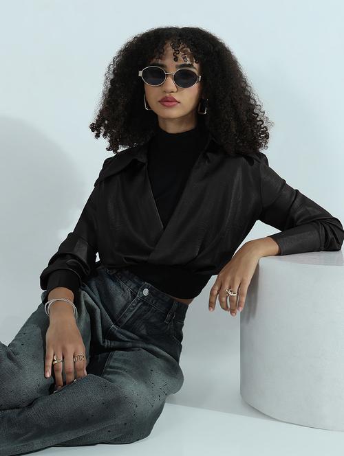women black faux leather shirt style crop top - 21955849 -  Standard Image - 0