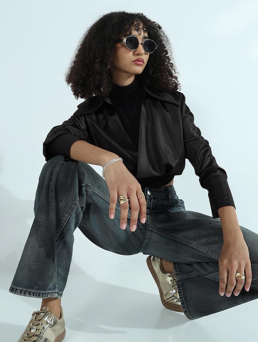 women black faux leather shirt style crop top - 21955849 -  Standard Image - 1