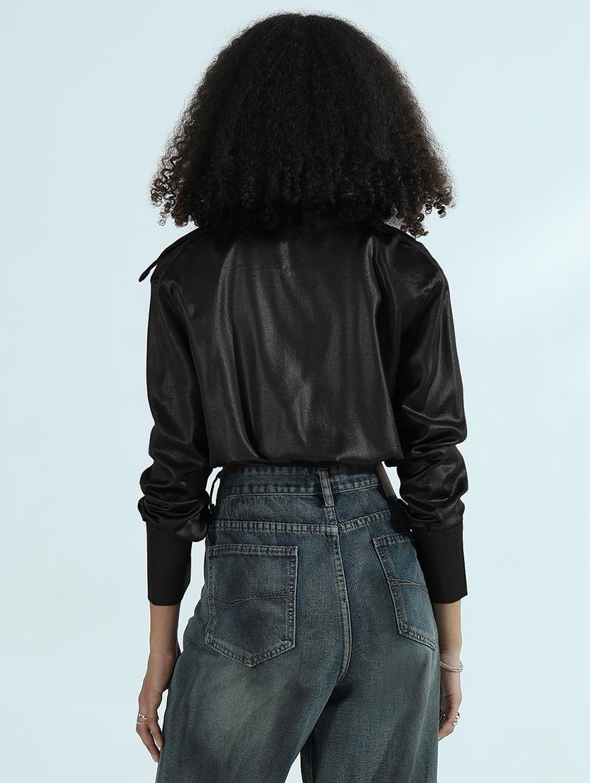 women black faux leather shirt style crop top - 21955849 - Standard Image - 4