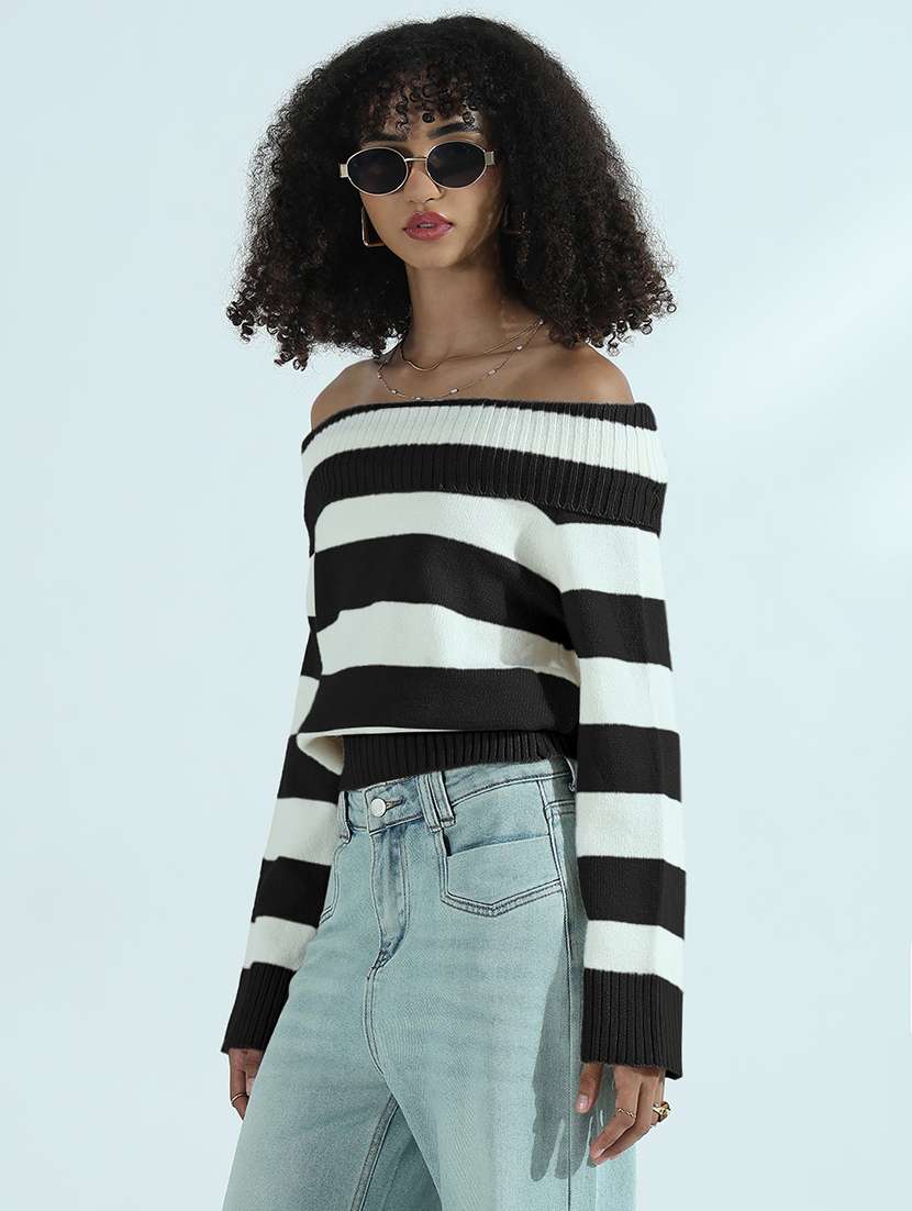Women Striped Off Shoulder Long Sleeve Pullover
