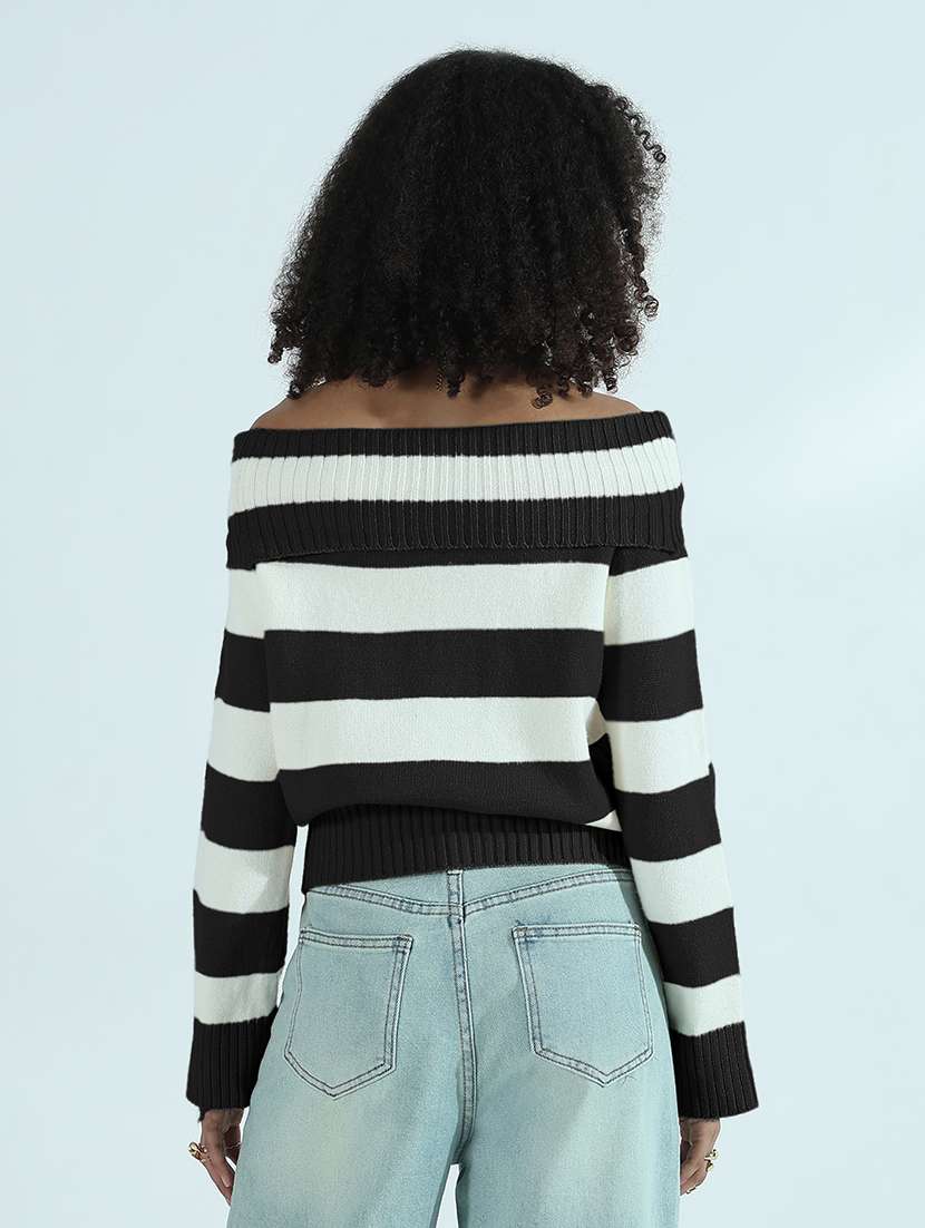 Women Striped Off Shoulder Long Sleeve Pullover