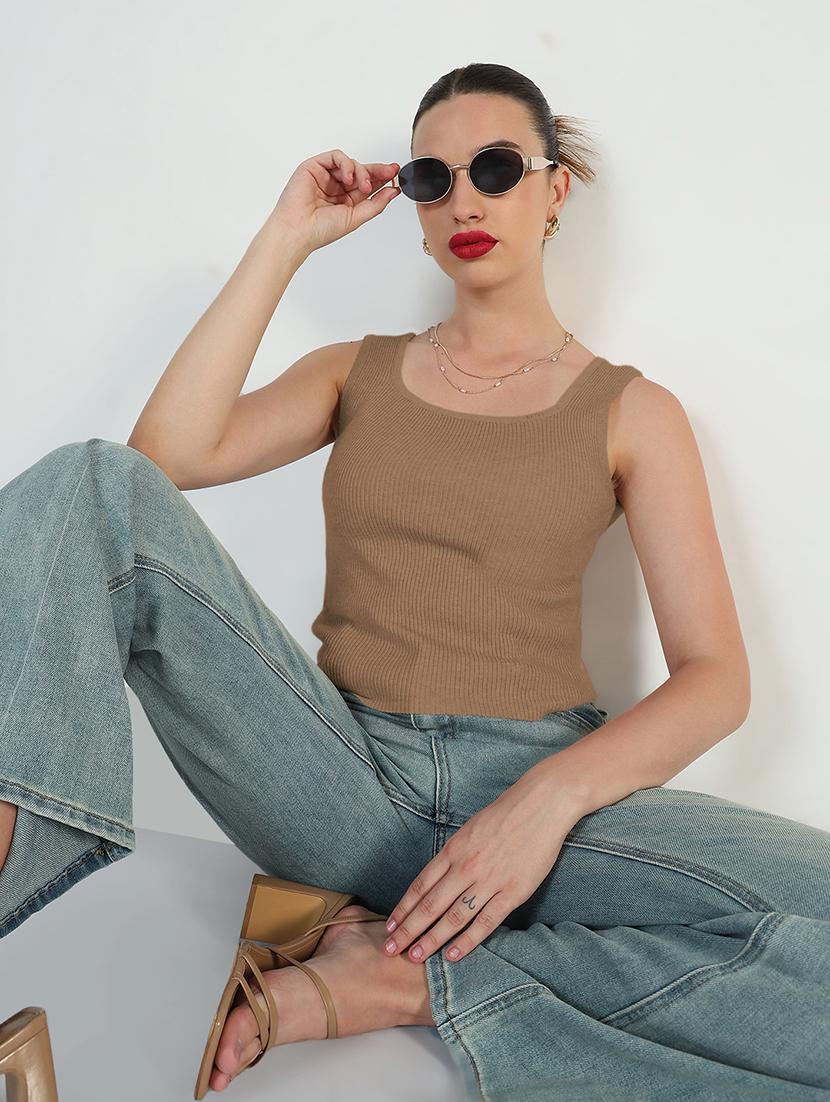 women beige solid sleeveless tank top