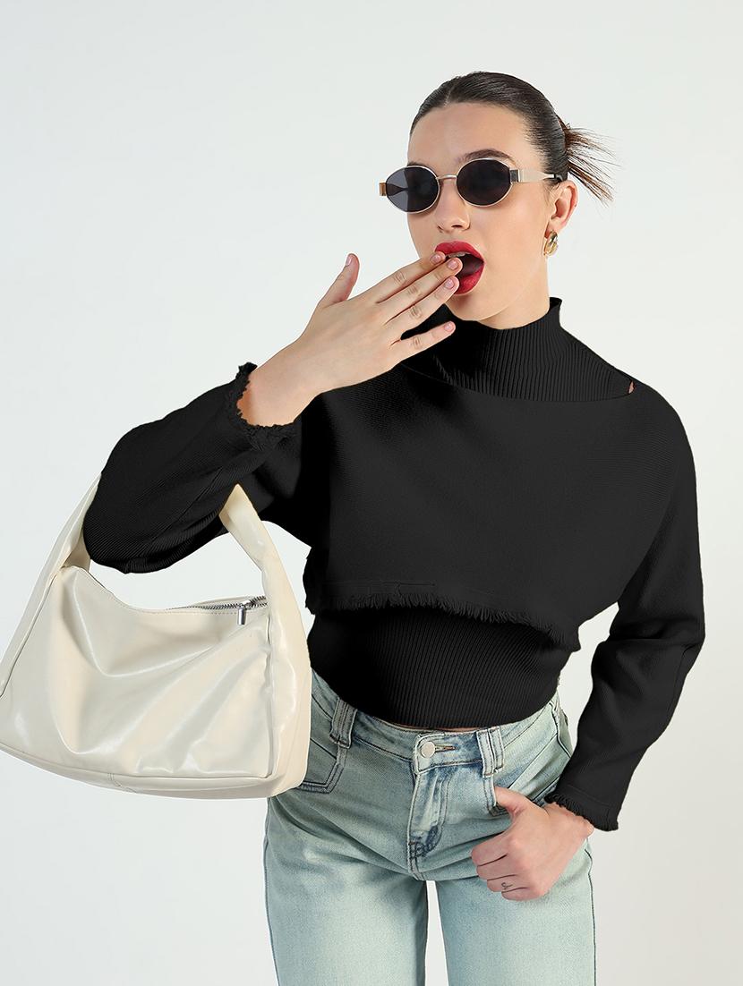 women black solid crop pullover with tank top - 21955855 - Zoom Image - 0