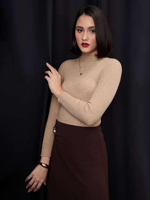 globus women beige high neck long sleeves flat knit ribbed winter wear pullover sweater