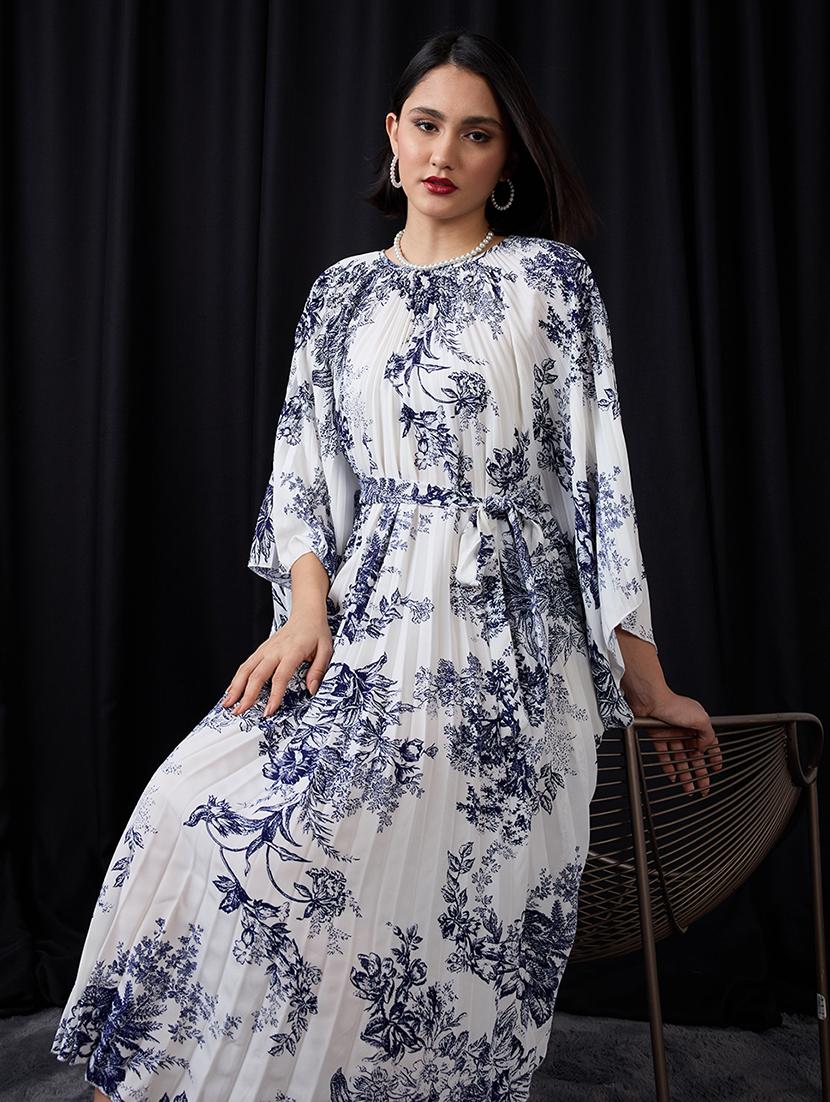 globus women multi colour gathered floral print batwing sleeves tie-up waist fit & flare midi dress - 21955861 -  Standard Image - 1