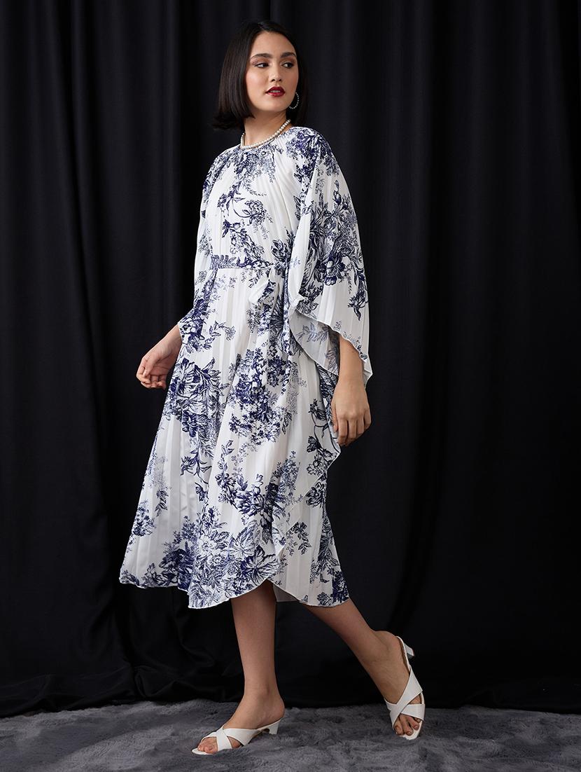 globus women multi colour gathered floral print batwing sleeves tie-up waist fit & flare midi dress - 21955861 - Standard Image - 4