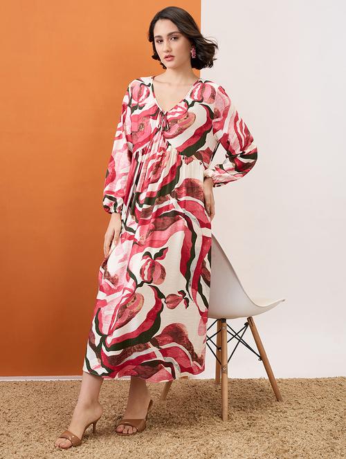 globus women multi colour v-neck bishop sleeves abstract print tie-up detail gathered a-line midi dress - 21955862 -  Standard Image - 0