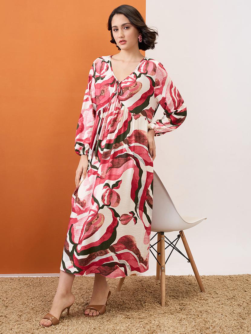globus women multi colour v-neck bishop sleeves abstract print tie-up detail gathered a-line midi dress - 21955862 -  Zoom Image - 0