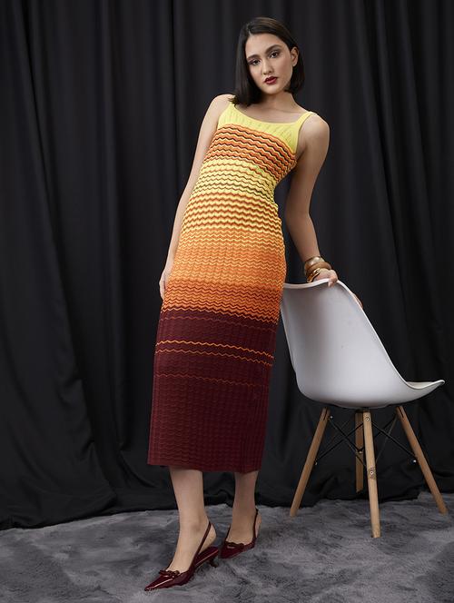 globus women multi colour scoop neck shoulder strap ombre chevron pattern crochet midi bodycon dress - 21955863 - Standard Image - 0