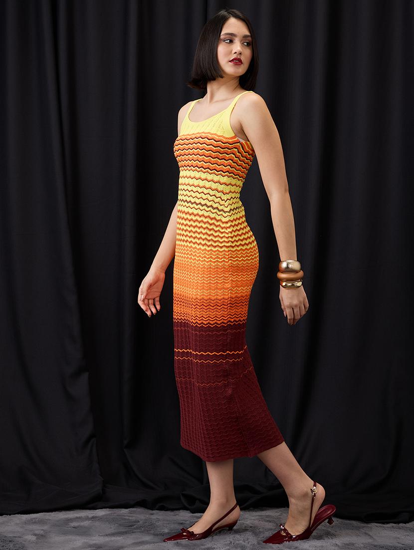 globus women multi colour scoop neck shoulder strap ombre chevron pattern crochet midi bodycon dress - 21955863 -  Standard Image - 1