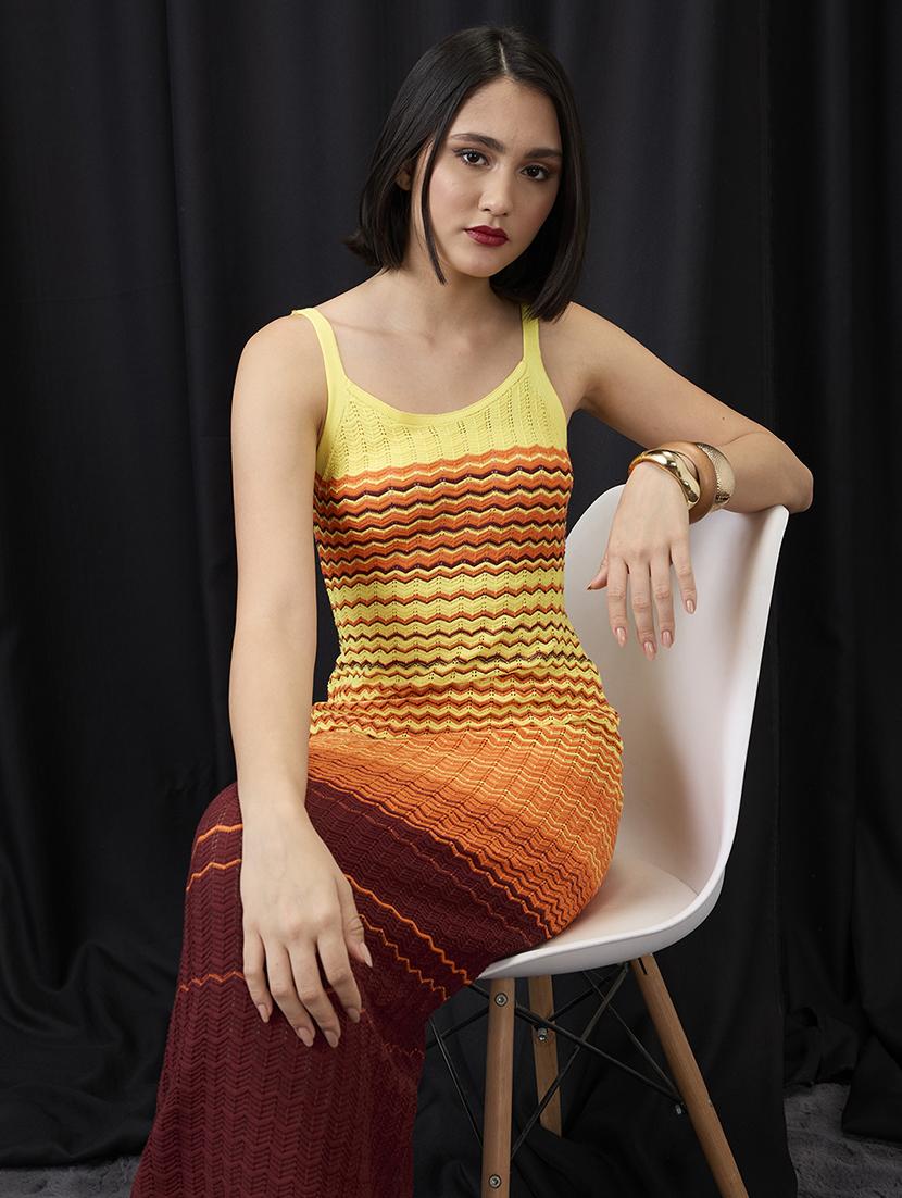globus women multi colour scoop neck shoulder strap ombre chevron pattern crochet midi bodycon dress - 21955863 -  Standard Image - 4