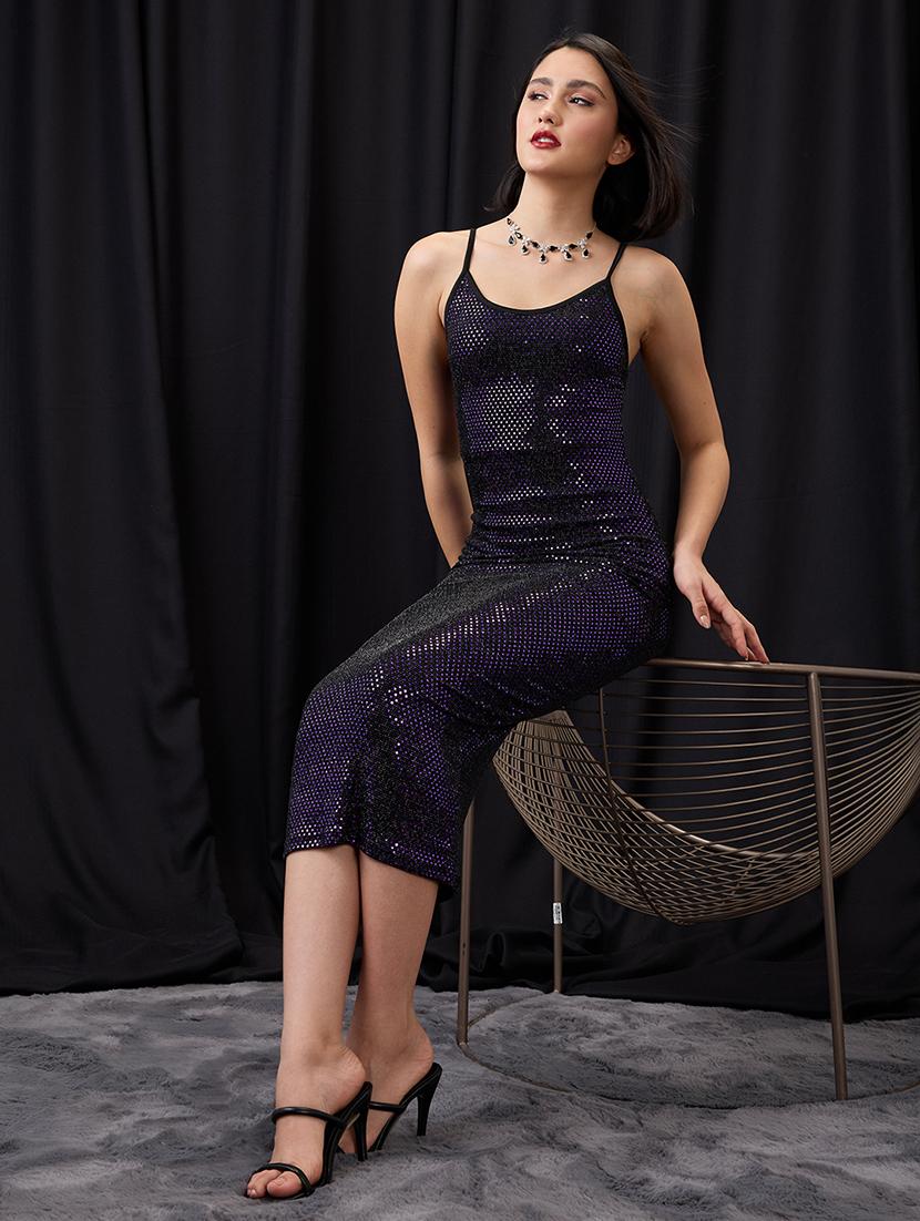globus women purple scoop neck strappy shoulder embellished midi bodycon party dress - 21955864 -  Zoom Image - 0