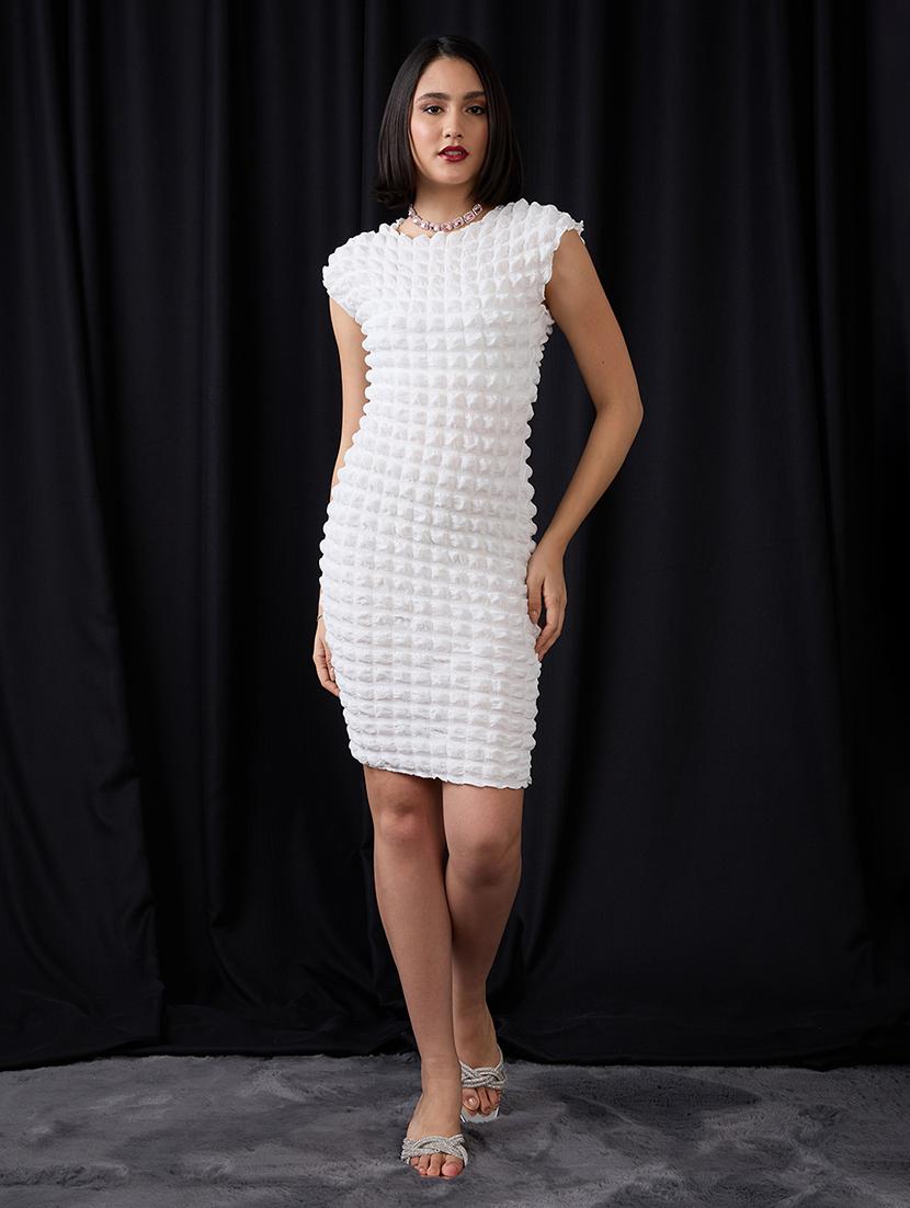globus women white round neck extended sleeves hyper textured mini bodycon dress - 21955866 - Standard Image - 1