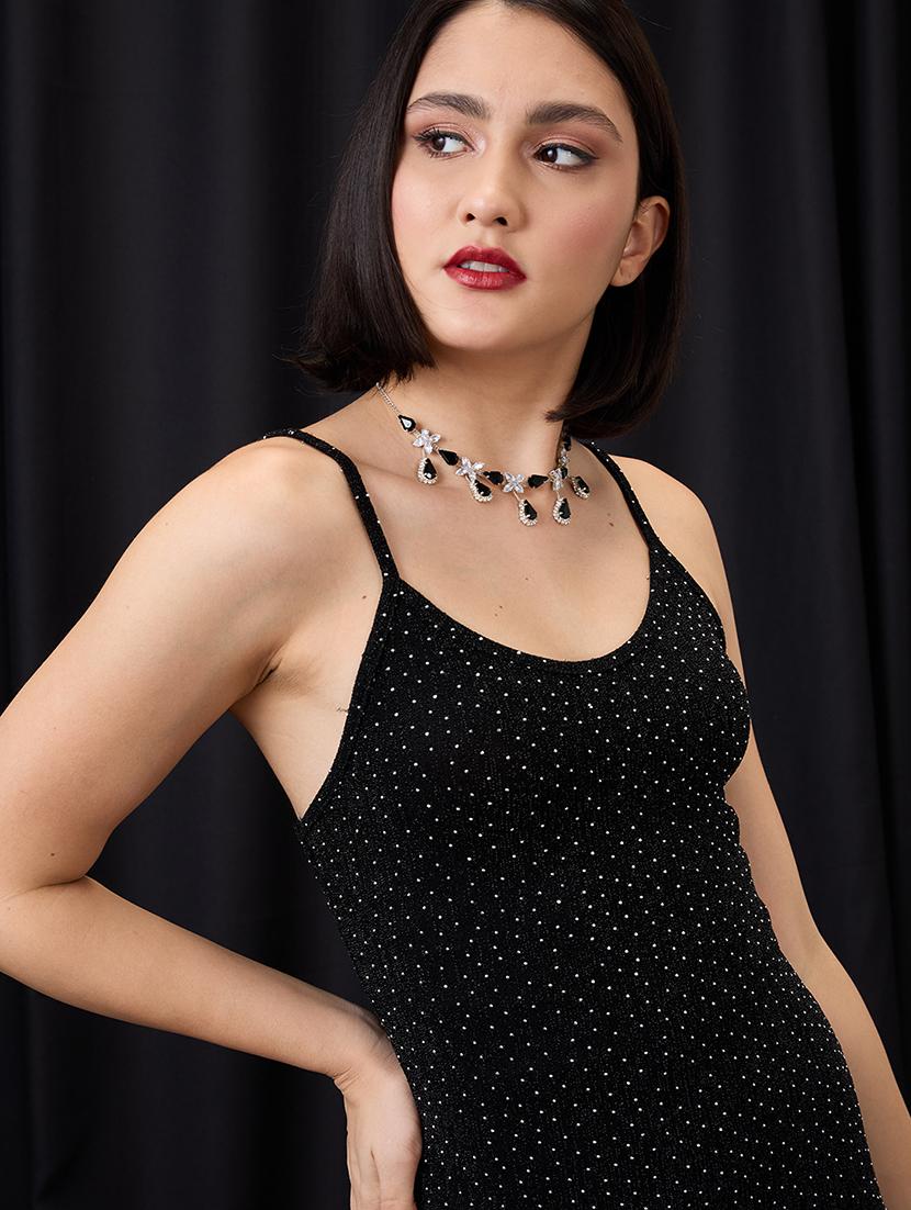 globus women black scoop neck strappy shoulder rhinestone embellished midi bodycon party dress - 21955868 - Standard Image - 4