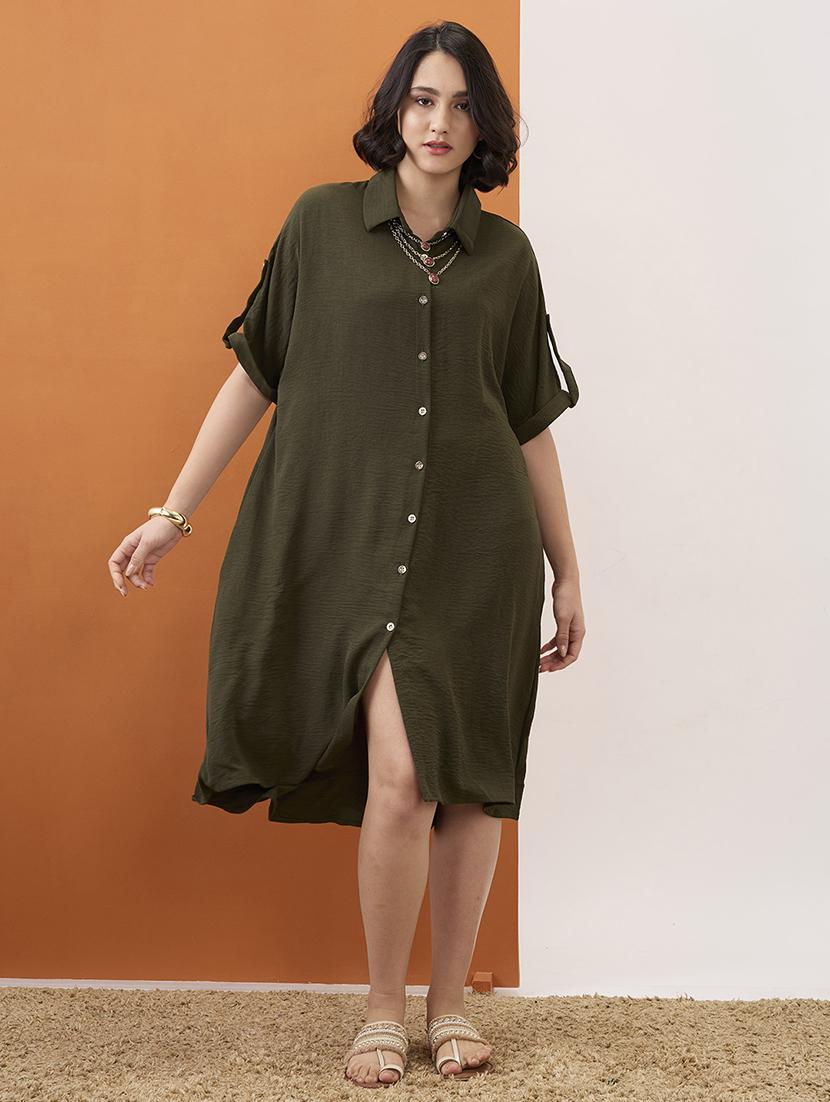globus women olive solid collared neck roll-up sleeves curved hem midi shirt dress - 21955869 - Standard Image - 1
