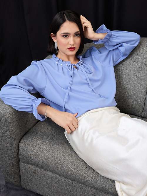 globus women blue pearl detail frilled tie-up neck bishop sleeves workwear top - 21955870 -  Standard Image - 0