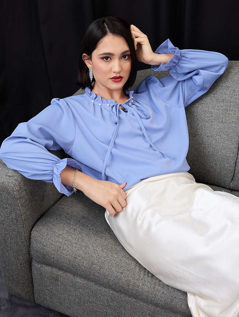 globus women blue pearl detail frilled tie-up neck bishop sleeves workwear top - 21955870 -  Zoom Image - 0