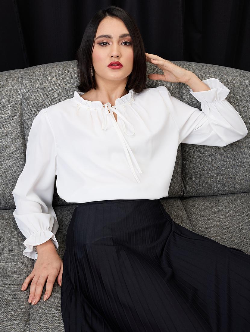 globus women white pearl detail frilled tie-up neck bishop sleeves workwear top - 21955871 - Zoom Image - 0