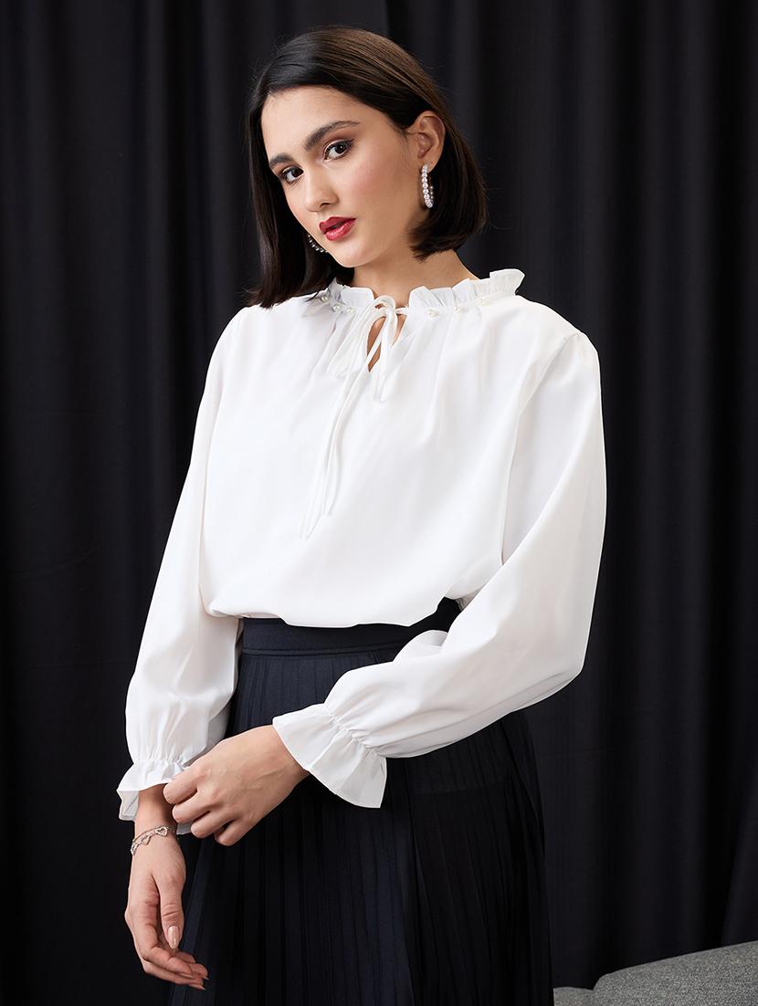 globus women white pearl detail frilled tie-up neck bishop sleeves workwear top - 21955871 -  Standard Image - 1