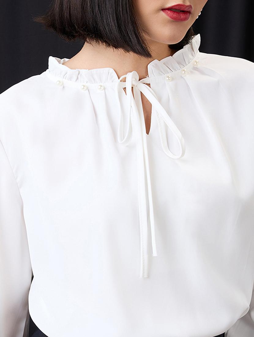 globus women white pearl detail frilled tie-up neck bishop sleeves workwear top - 21955871 - Standard Image - 4