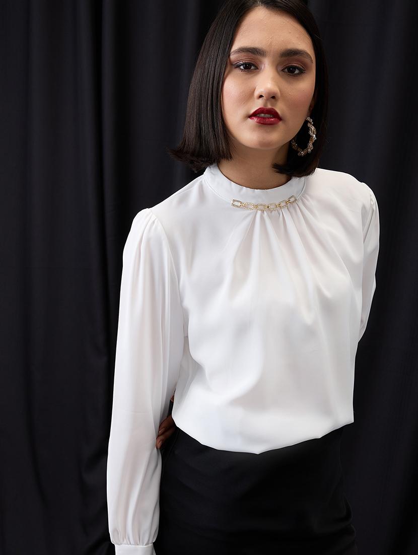 globus women white gold chain detail high neck cuffed sleeves pleated workwear top - 21955872 - Zoom Image - 0