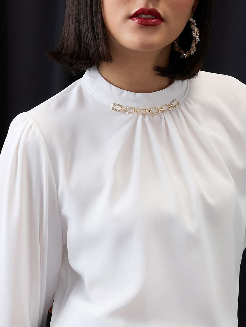 globus women white gold chain detail high neck cuffed sleeves pleated workwear top - 21955872 -  Standard Image - 1