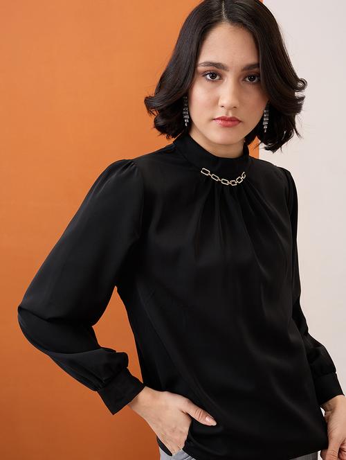 globus women black gold chain detail high neck cuffed sleeves pleated workwear top - 21955873 -  Standard Image - 0