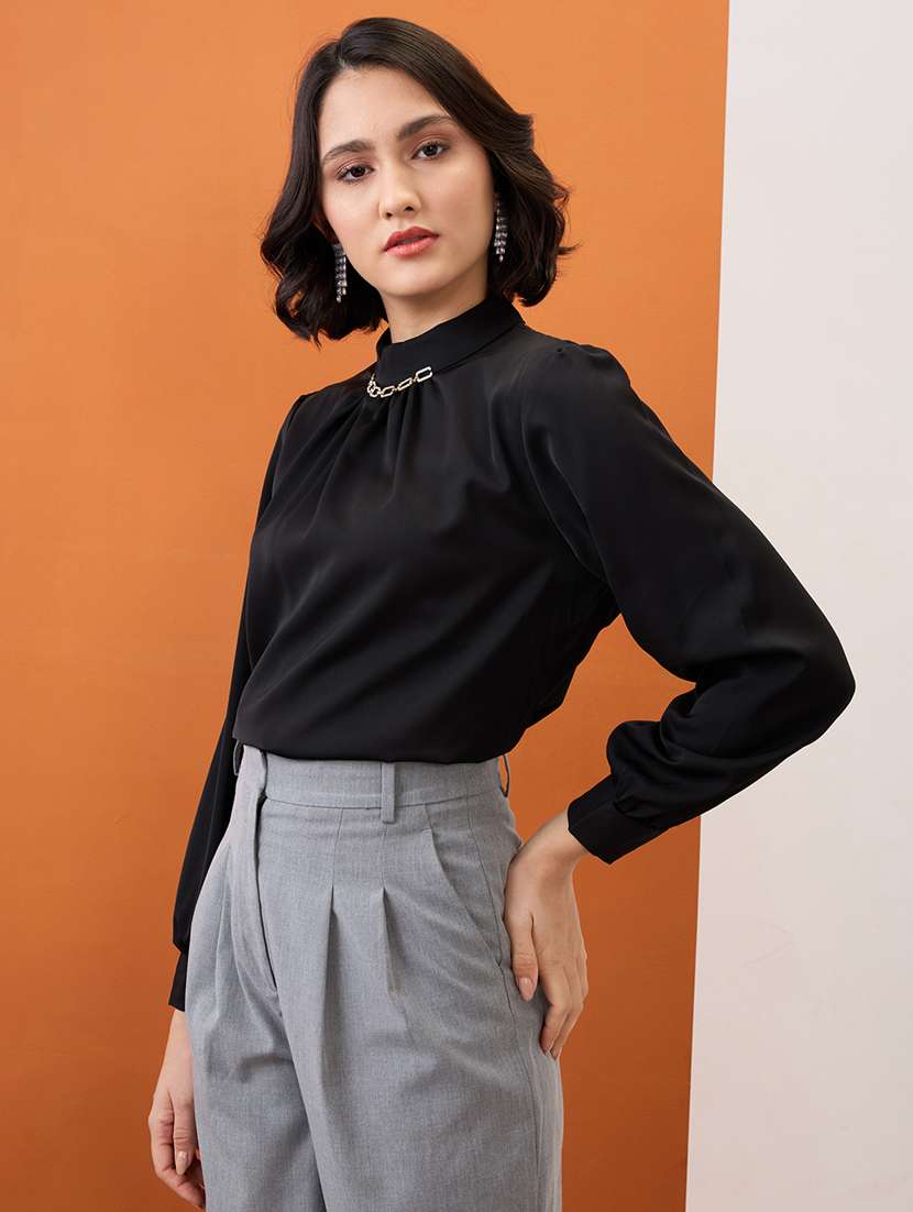 globus women black gold chain detail high neck cuffed sleeves pleated workwear top