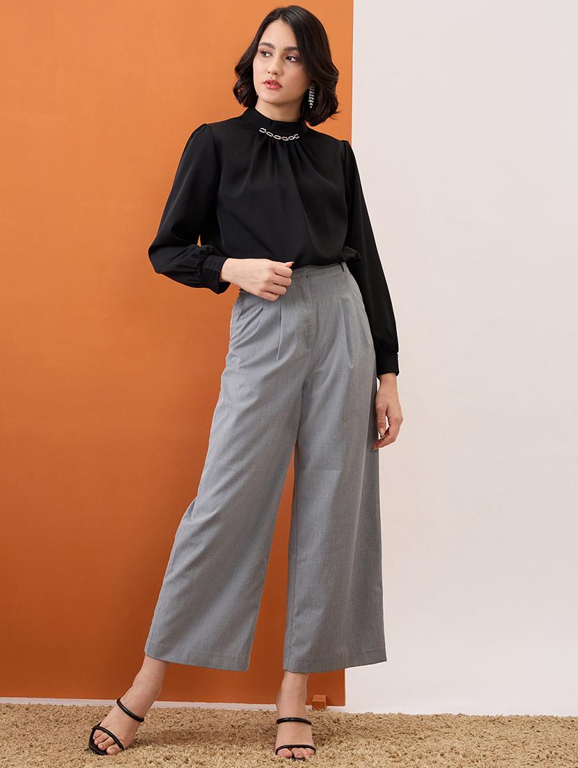 globus women black gold chain detail high neck cuffed sleeves pleated workwear top - 21955873 - Standard Image - 4