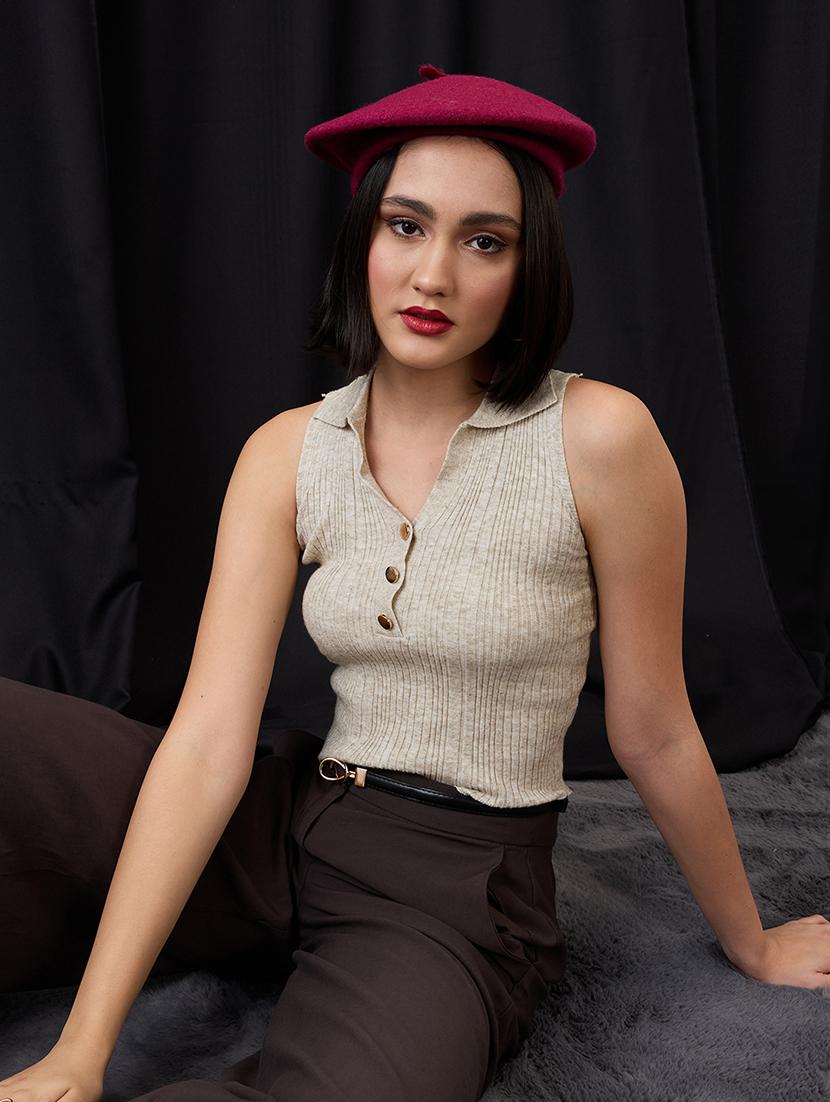 globus women beige collared halter neck gold button detail flat knit ribbed crop top - 21955876 - Zoom Image - 0